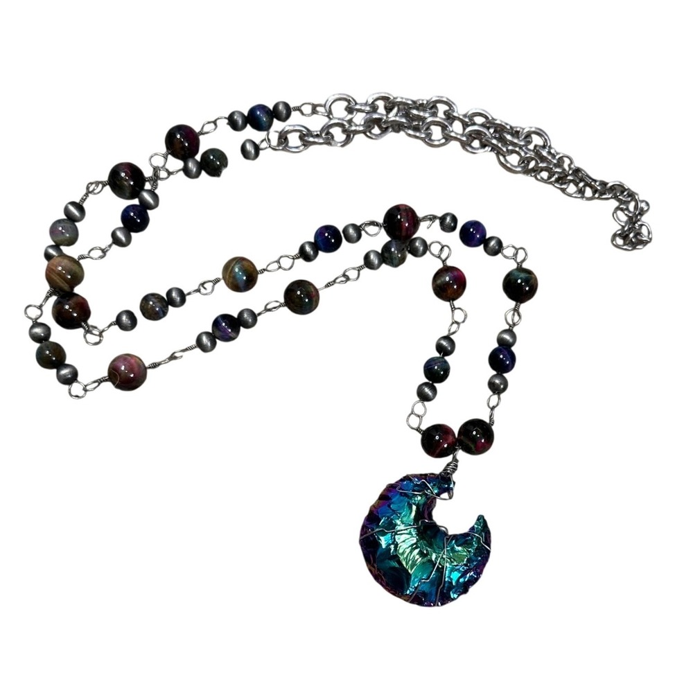 Handcrafted Iridescent Crescent Moon Wire Wrapped Beaded‎ Necklace Silver Tone